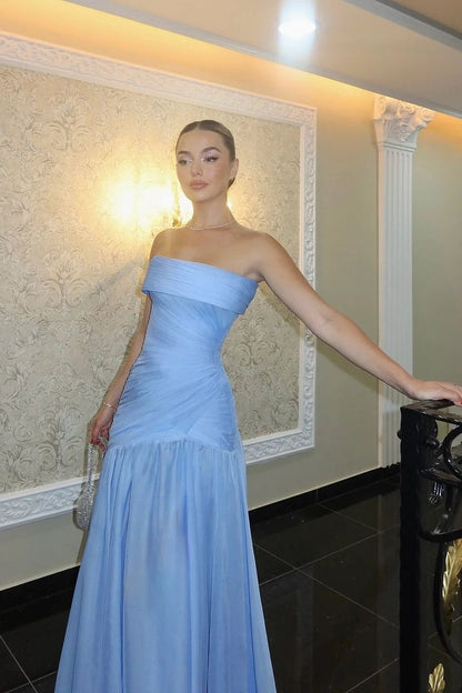Magnifique robe de bal longue bleue chic, sans bretelles ni manches, coupe trapèze, avec plis, AB393