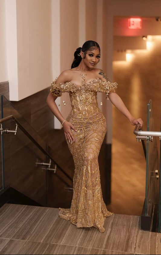 Robe de bal sirène à paillettes et épaules dénudées pour jeunes filles noires, ornée de sequins dorés, perles et cristaux, longue robe de soirée formelle N818