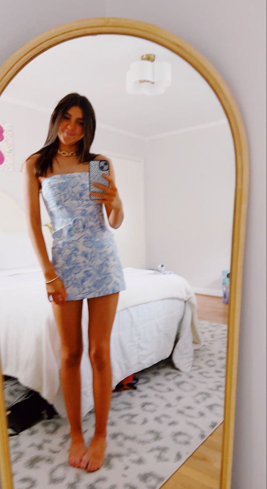 Unique Sheath Strapless Blue Floral Satin Short 18th Birthday Dress Homecoming Dresses Cocktail Gown RB008
