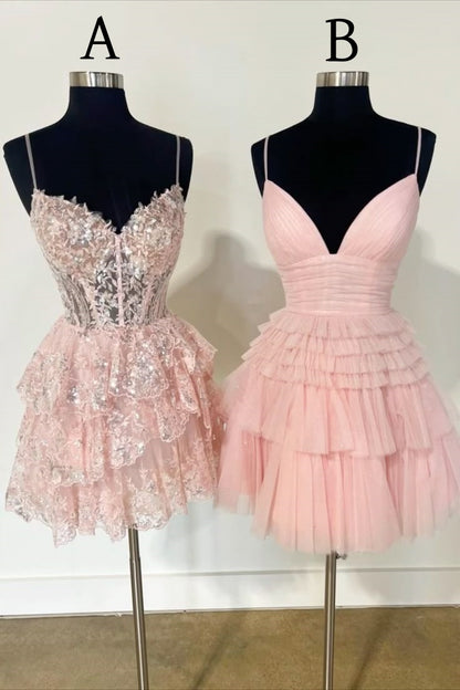 Süßes Ballkleid mit Spaghettiträgern, rosa, kurz, für den 15. Geburtstag, für die Mittelschule, Semi-Homecoming-Kleider, Cocktail-Outfits RB009