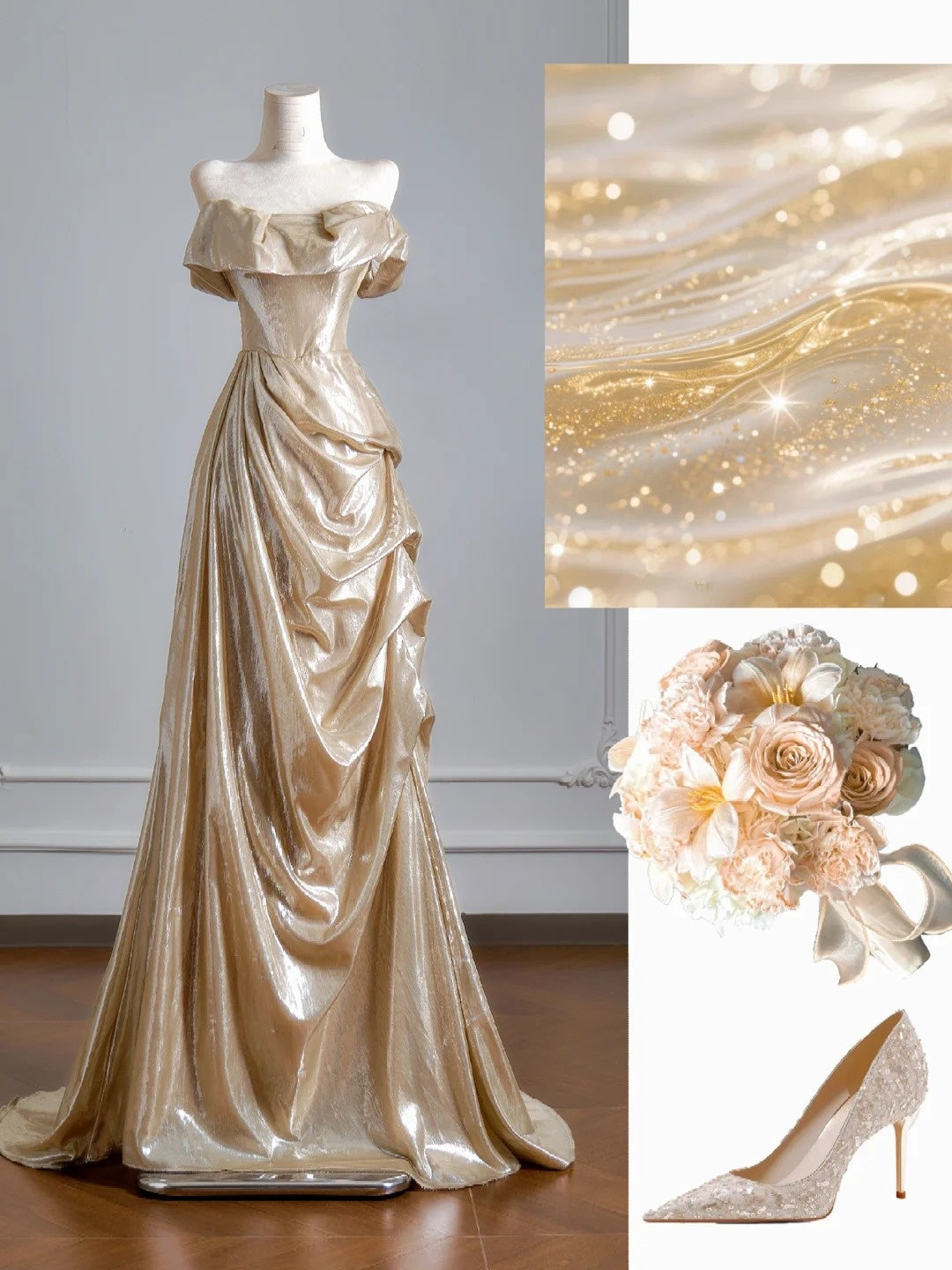 Robe de bal longue sirène scintillante en satin doré à épaules dénudées - Tenue de soirée idéale pour un 18e anniversaire - N390