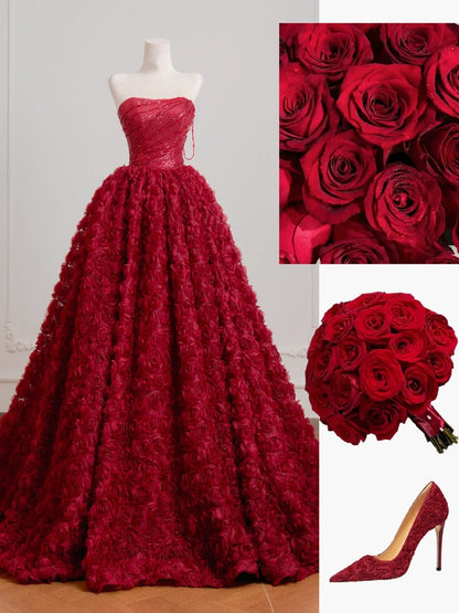 Zeitloses, trägerloses, burgunderrotes Ballkleid mit floralem Tüllstoff – Inspiration für Partykleider N402