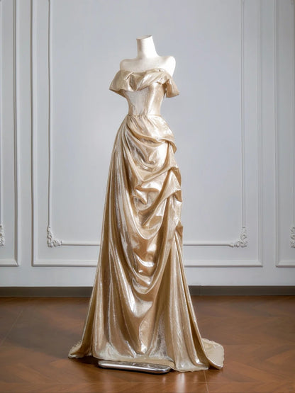 Robe de bal longue sirène scintillante en satin doré à épaules dénudées - Tenue de soirée idéale pour un 18e anniversaire - N390