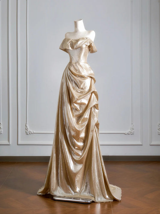 Robe de bal longue sirène scintillante en satin doré à épaules dénudées - Tenue de soirée idéale pour un 18e anniversaire - N390