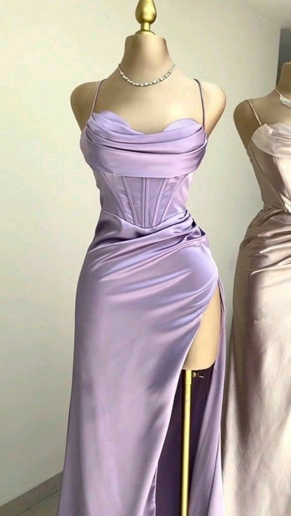 Simple Spaghetti Straps Slit Mermaid Satin Long Prom Dress With Side Slit N1862