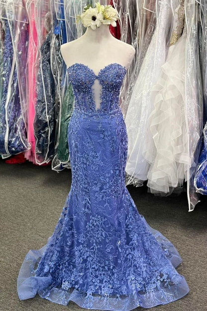 Langes, trompetenförmiges Ballkleid mit Spitzenapplikationen, Herzausschnitt und Schlüssellochausschnitt – Inspiration für formelle Abendkleider N248
