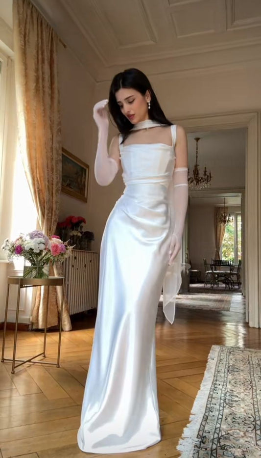 Simple Mermaid Square Neck White Satin Prom Dresses Long Evening Formal Gown Wedding Guest Party Gowns N361