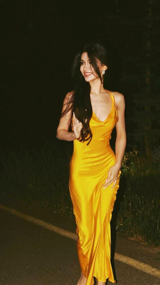 Einfaches, gelbes Meerjungfrauen-Abendkleid mit Spaghettiträgern und Rüschen aus Satin für Teenager (N1100)