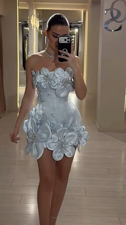 Robe de soirée moulante fourreau élégante, bustier, bleue, avec fleurs 3D, courte, inspiration Hoco, idées de robes de bal RB4133