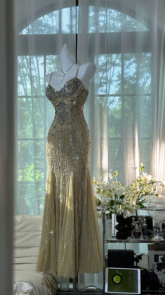 Unique Mermaid Spaghetti Straps Champagne Tulle For Teens Long Evening Dresses Prom Dress AB601