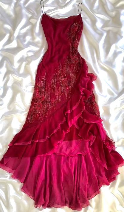 Vintage Mermaid Spaghetti Straps Hot Pink Chiffon For Women Party Dresses Formal Prom Dress Inspo 22th Birthday Gown AB1382