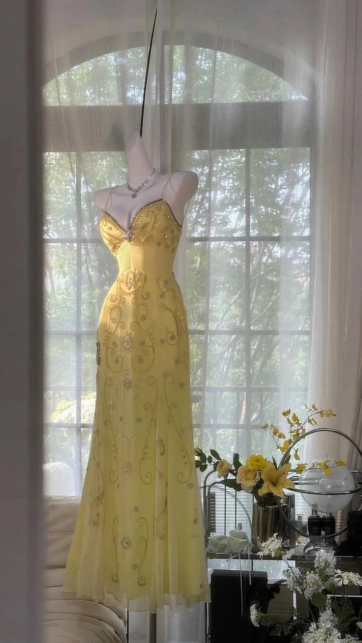 Robe de bal jaune unique, longue, dos nu perlée, tenue de bal Vestidos De Dia AB517