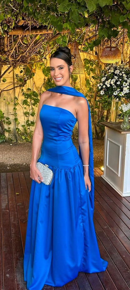 Schlichtes, trägerloses A-Linien-Abendkleid in Königsblau mit Schal für Teenager und Gymnasien AB1933