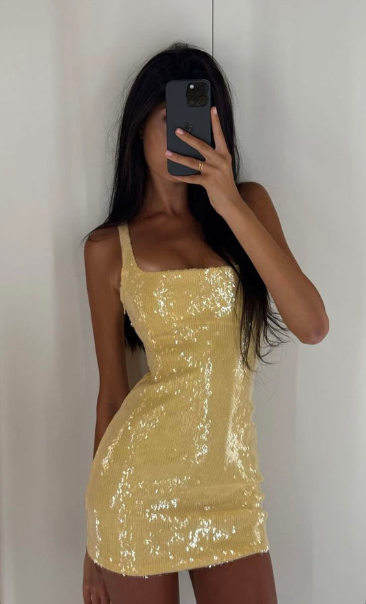 Sexy Sheath Square Neck Tight Matric Yellow Mini Graduation Hoco Dresses Short Inspo Senior Birthday Homecoming Outfits RB3552