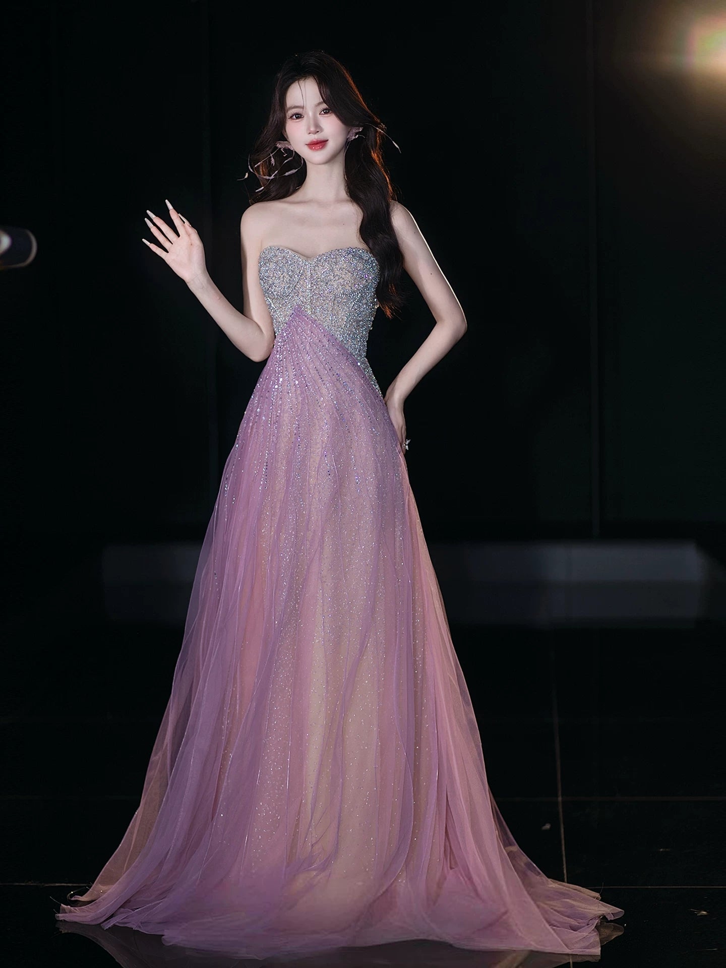 Glitzerndes, ärmelloses, lilafarbenes A-Linien-Abendkleid mit Pailletten und Herzausschnitt – Inspiration für lange Abende und Geburtstage (AB2213)