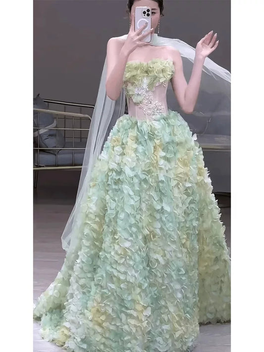 Robe de bal de princesse bustier en tulle vert à fleurs avec foulard, style tendance pour adolescentes, tenue de soirée, robe de bal AB2216
