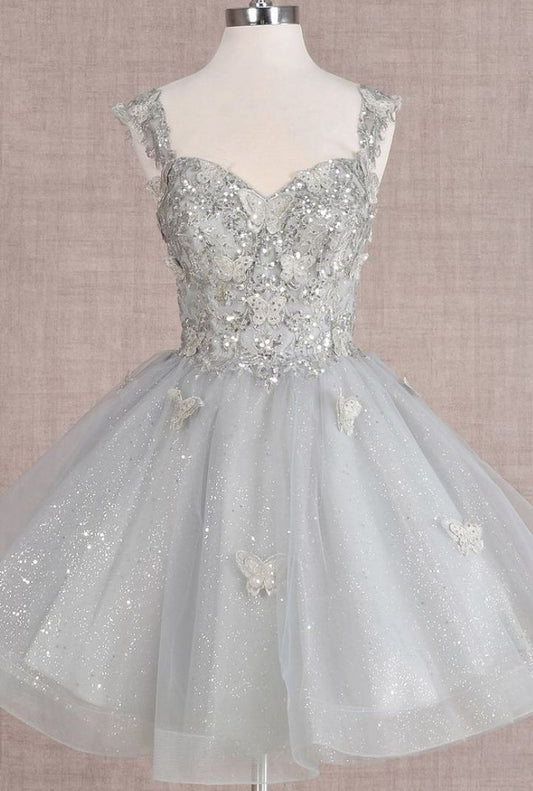 Glitter Ball Gown Spaghetti Strap Light Grey Tulle Mini Short Hoco 19th Birthday Dress Homecoming Dresses RB4137