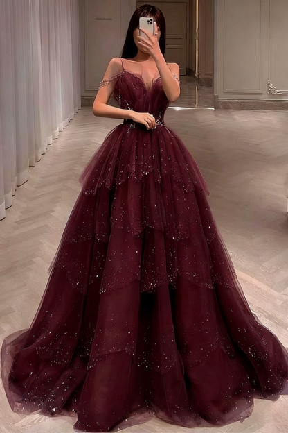 Robe de bal somptueuse en tulle bleu scintillant ornée de perles, robe de soirée à volants et strass AB2197