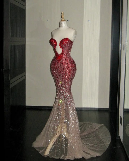 Funkelndes Meerjungfrauen-Kleid mit rotem Paillettenbesatz für Damen – langes, formelles Ballkleid, Inspiration für den 22. Geburtstag AB1384