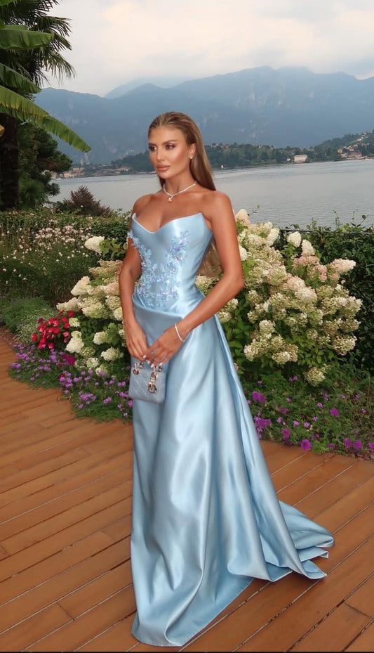 Mermaid Strapless Blue Satin With Appliqueds Lace Long Prom Dresses For Women AB1470
