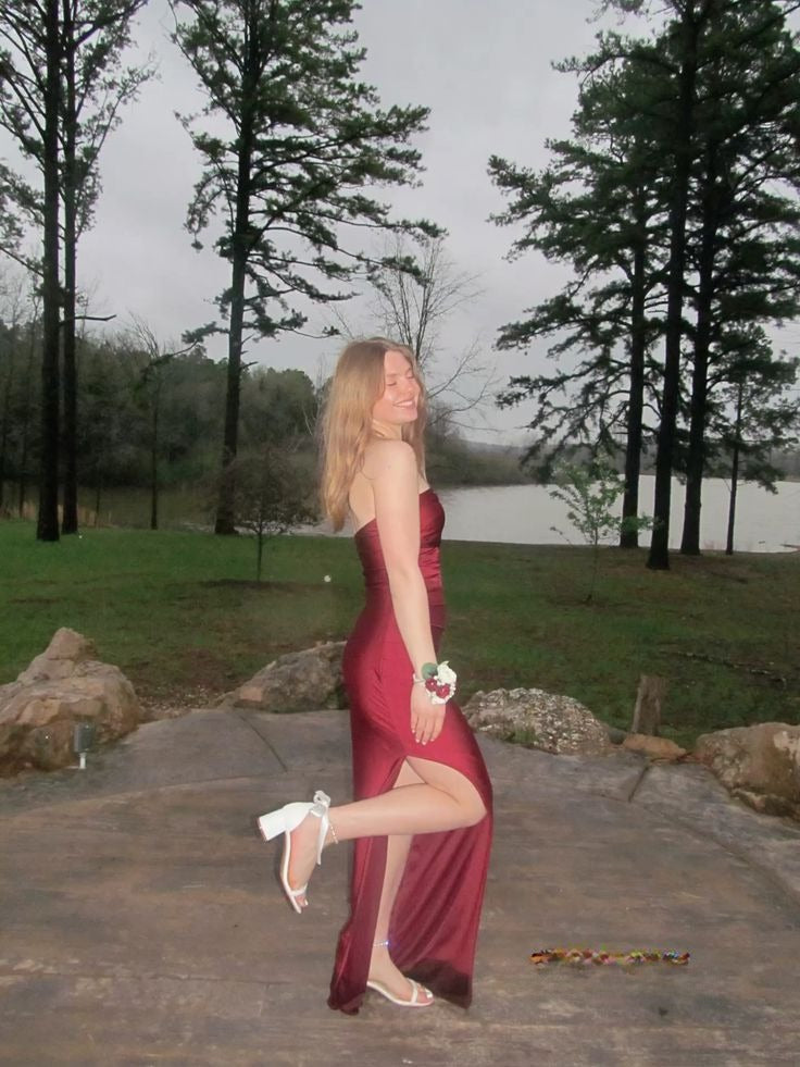 Unique Sheath Strapless Burgundy Slit Prom Dresses Long Party Dress 22th Birthday Outfits Graduation Dress AB310