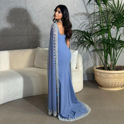 Robe de soirée sirène bleu poudré vintage, ornée d'appliqués et de perles, robe de bal unique avec cape, robe longue de fête, tenue d'anniversaire AB2313