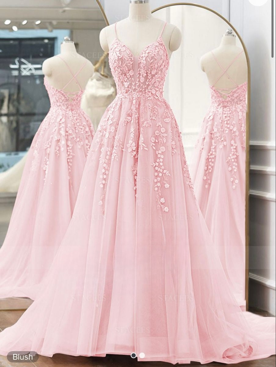 Robe de bal longue rose rétro en tulle et dentelle, coupe trapèze, bretelles spaghetti, dos nu, AB309