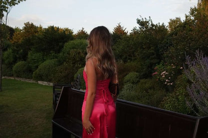 Robe de mariée longue sirène classique sans bretelles en satin rose fuchsia, inspiration N1666