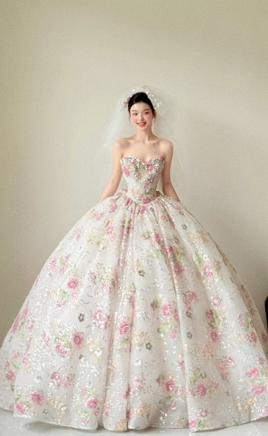 Timeless Ball Gown Sweetheart Pink Lace Fitted Corset Bride Gown Long Wedding Dresses AB295