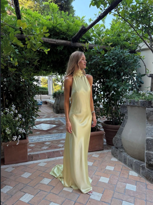 Elegantes, langes, gelbes A-Linien-Abendkleid mit hohem Kragen, schmal geschnitten, formell, elegant, perfekt für Ball und Abendessen, Partykleid AB2051