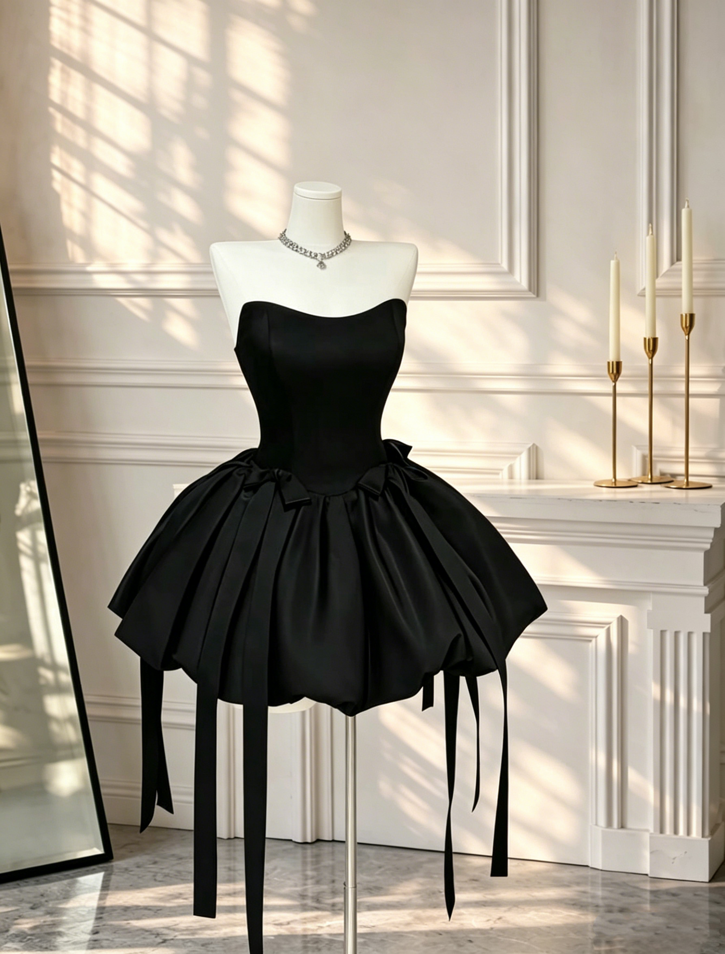 Robe Courte de Bal Mignonne sans Bretelles en Satin Noir Mini Inspiration Aînée Robe de Soirée Formelle Robes de Rentrée RB3067