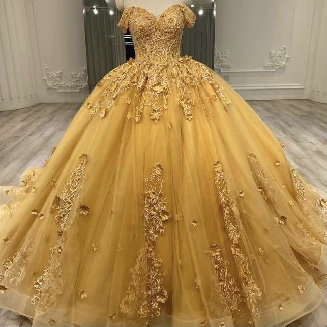 Robe de bal ravissante à épaules dénudées en tulle doré, longue robe de quinceañera, robe de sweet 15-16 ans AB297