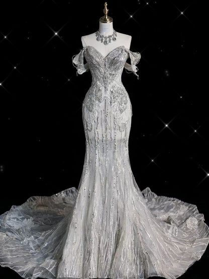 Timeless Women's Off The Shoulder Wedding Dress Mermaid With Sleeves Lace for Bride Beads Brides Dress AB1147