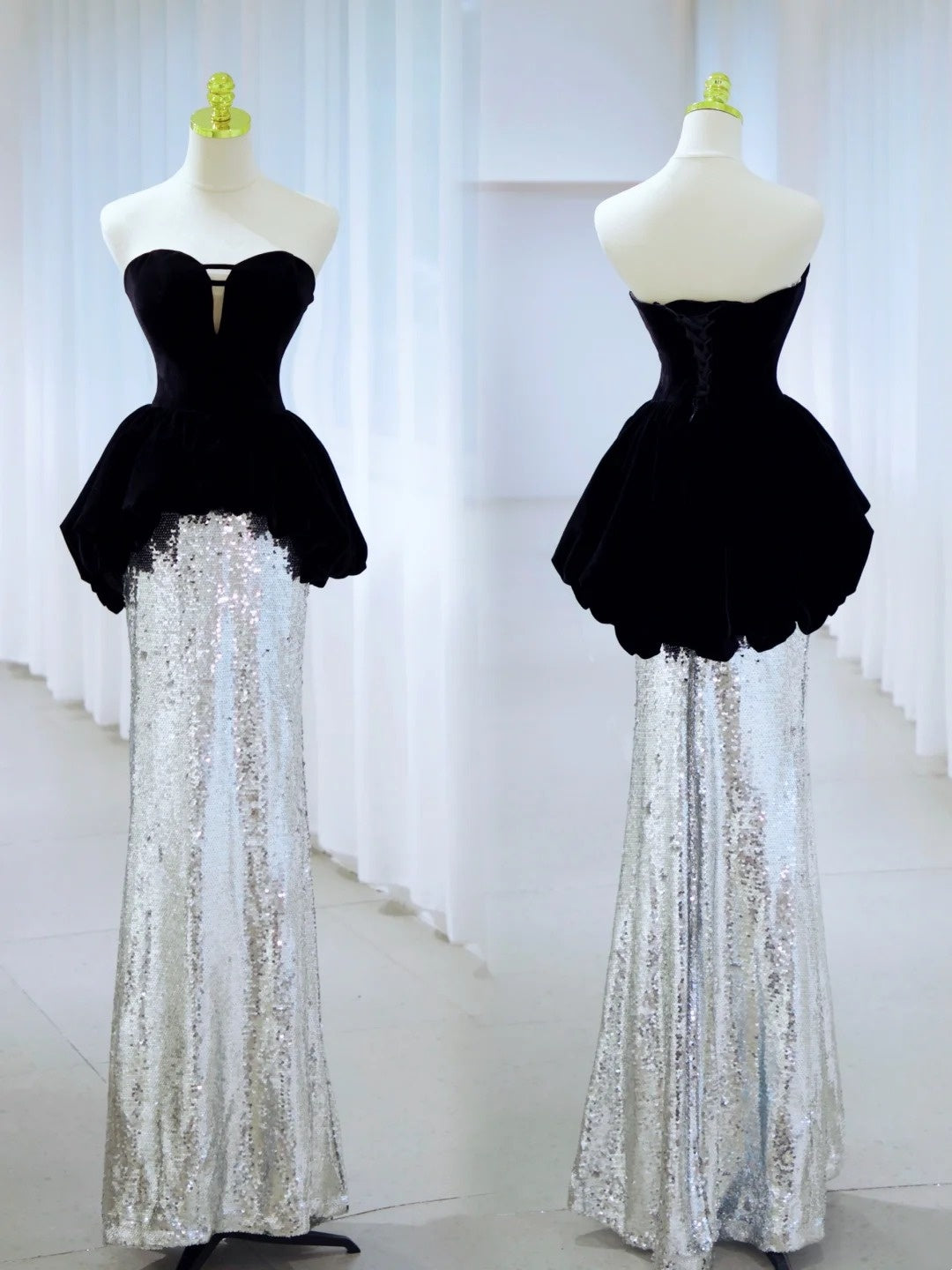 Sexy Meerjungfrau Sweetheart Schwarzes Oberteil Silber Pailletten Langes Ballkleid Partykleid 19. Geburtstag Outfits Abschlusskleid N2844