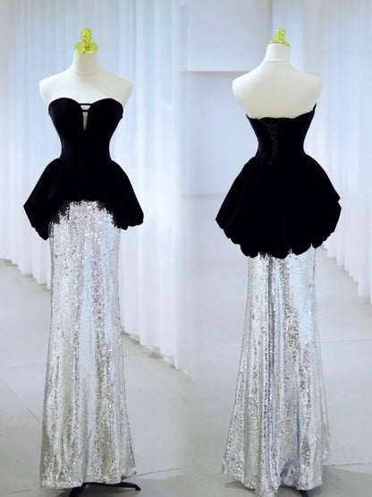 Sexy Meerjungfrau Sweetheart Schwarzes Oberteil Silber Pailletten Langes Ballkleid Partykleid 19. Geburtstag Outfits Abschlusskleid N2844