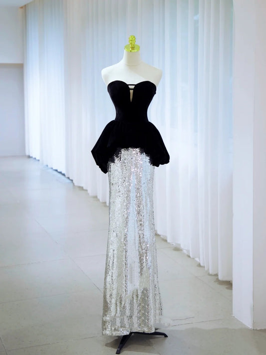 Sexy Mermaid Sweetheart Black Top Silver Sequin Long Prom Dresses Party Dress 19th Birthday Outfits Graduation Gown N2844