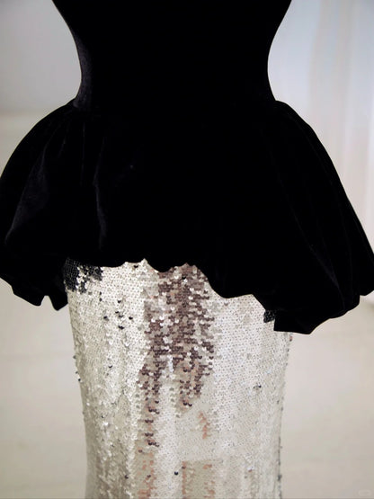 Sexy Meerjungfrau Sweetheart Schwarzes Oberteil Silber Pailletten Langes Ballkleid Partykleid 19. Geburtstag Outfits Abschlusskleid N2844