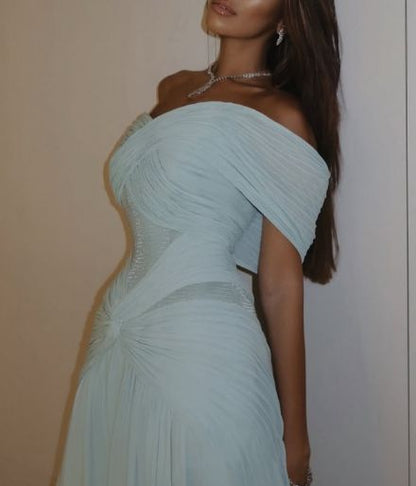Sexy Meerjungfrauen-Abendkleid aus hellblauem Chiffon mit schulterfreiem Ausschnitt, langes Partykleid AB2139