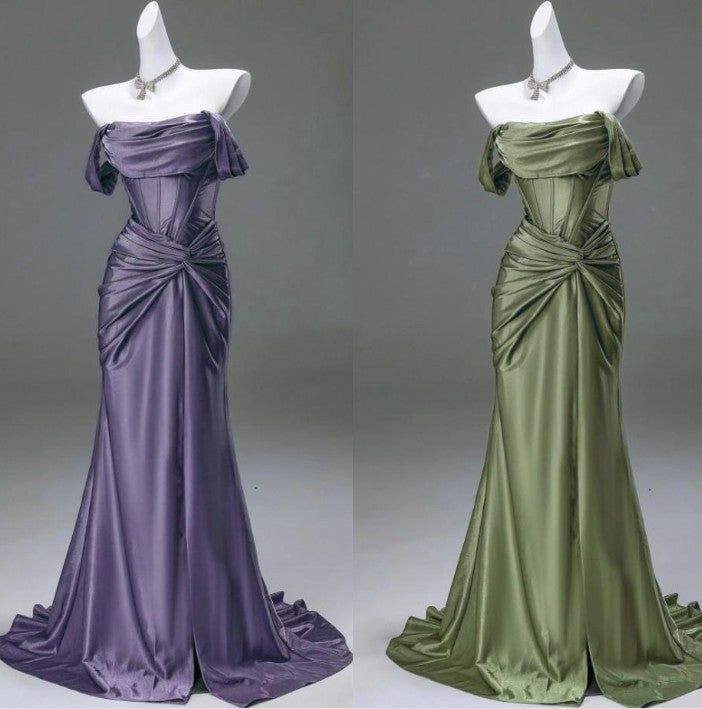 Robe de soirée sirène élégante en satin plissé, robe de bal de fin d'année à épaules dénudées N1870