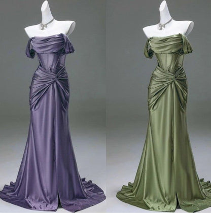 Robe de soirée sirène élégante en satin plissé, robe de bal de fin d'année à épaules dénudées N1870