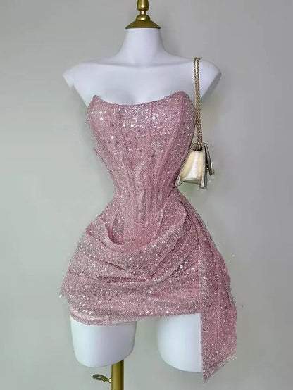 Süßes Etui Trägerloses Pinkes Pailletten-Minikurz-Formelles 8. Klasse Homecoming-Kleid Sommer Mittelschule Hoco Kleid N4736