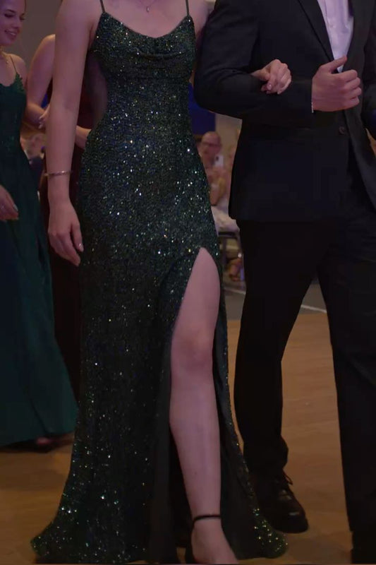 Fitted Dark Green Mermaid Halter Strap Sleeveless Backless Floor Length Prom Dresses AB613