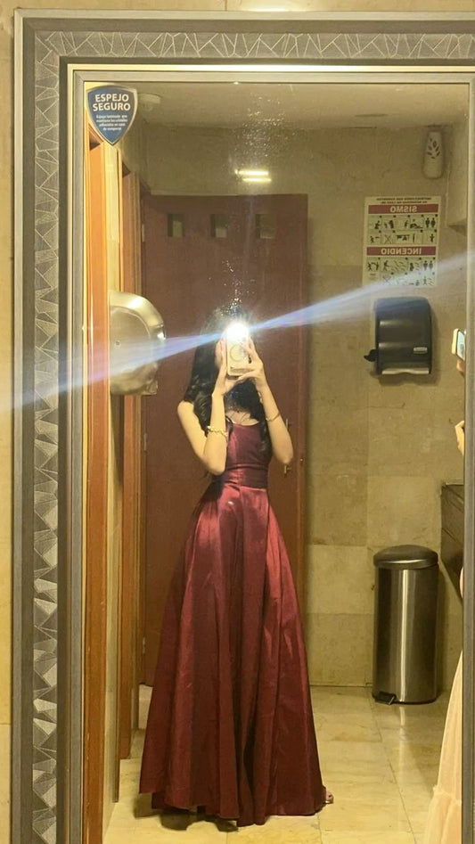 Simple A line Spaghetti Strap Sleeveless Wine Red Burgundy Long Satin Prom Dress Inspo Prom Gown AB1045