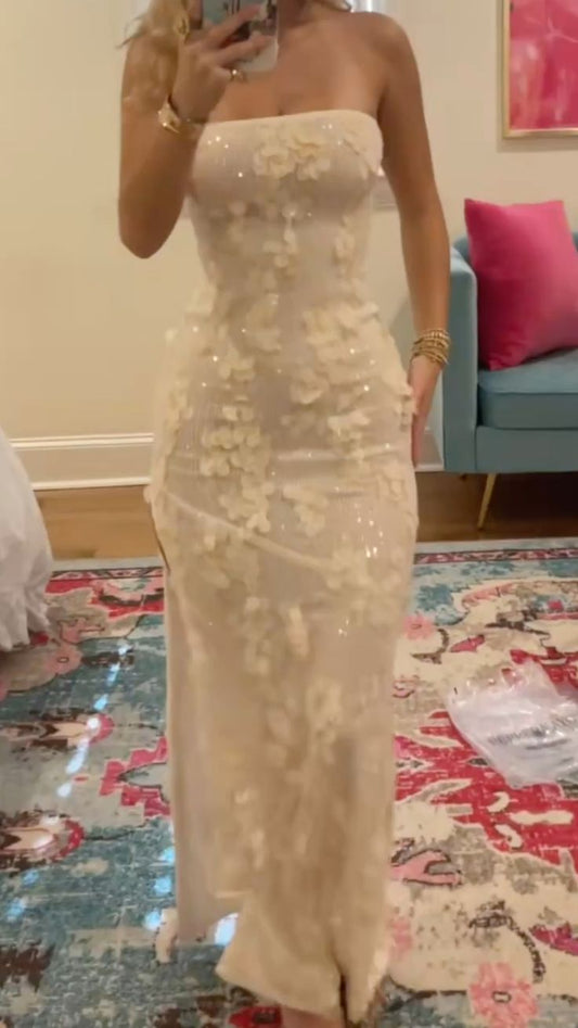 Stunning Prom Dresses Mermaid Strapless White With Flowers Long Formal Dress N2471
