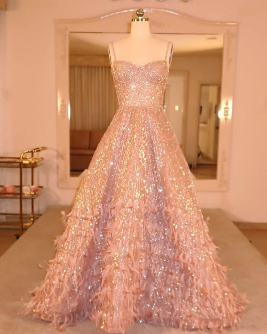 Sparkly Ball Gown Spaghetti Strap Pink Sequin Long Sleeveless Formal For Women Girls Teens Prom Dresses N2316