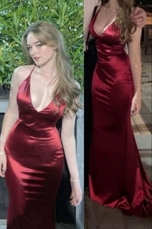 Sexy Meerjungfrauen-Halterkleid aus burgunderrotem Satin für Damen, langes formelles Ballkleid, 22. Geburtstagskleid AB1340
