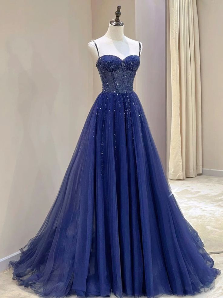 Modest A line Spaghetti Straps Navy Blue Tulle With Silver Beads Prom Dresses Long Party Dress Evening Dresses AC013