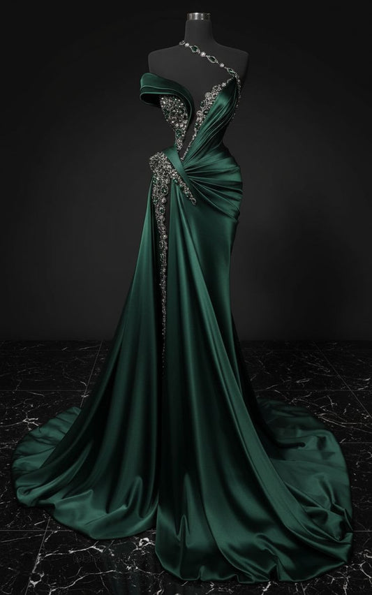 Robe de soirée sirène modeste à épaules dénudées, asymétrique, vert foncé, longue, fendue, AB829