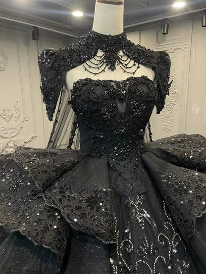 Modest Ball Gown Strapless Black Appliques Tulle Long Quinceanera Dresses Sexy Quinceanera Gowns Sweet 16 Dress B255