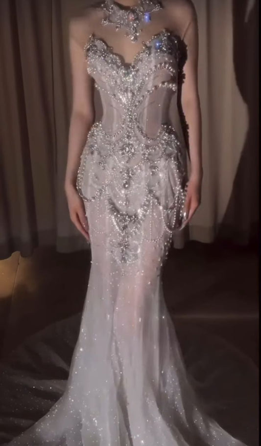 Glitter Mermaid High Neck White Silver Beaded Long Prom Dresses With Train Inspiration Evening Gowns For Women Formal Party Dress AB1287